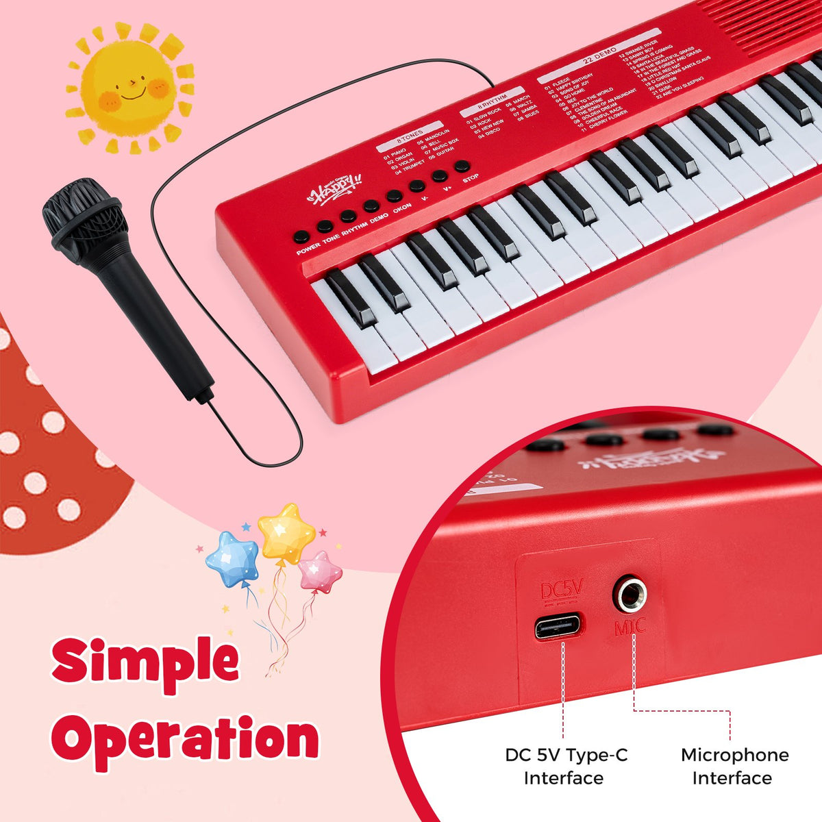 37 Keys Kids Piano Keyboard with 8 Rhythms and Microphone-Red view 9