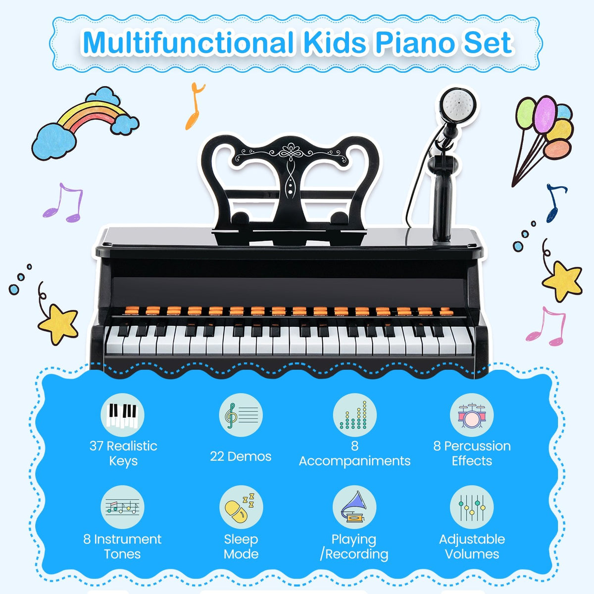 37 Keys Music Piano with Microphone Kids Piano Keyboard with Detachable Music Stand-Black view 6