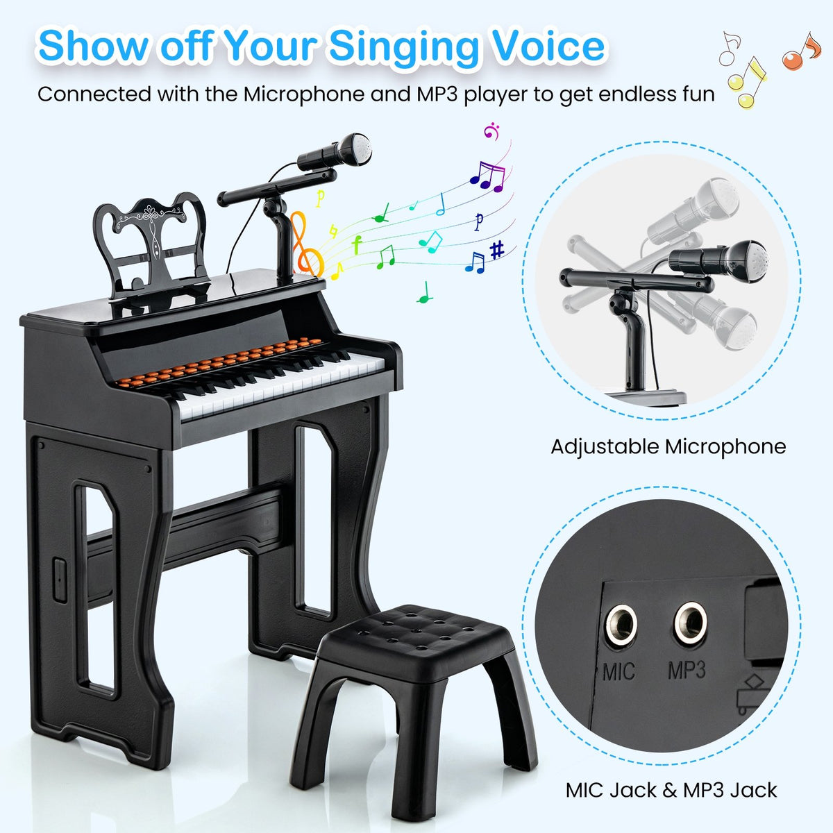 37 Keys Music Piano with Microphone Kids Piano Keyboard with Detachable Music Stand-Black view 7
