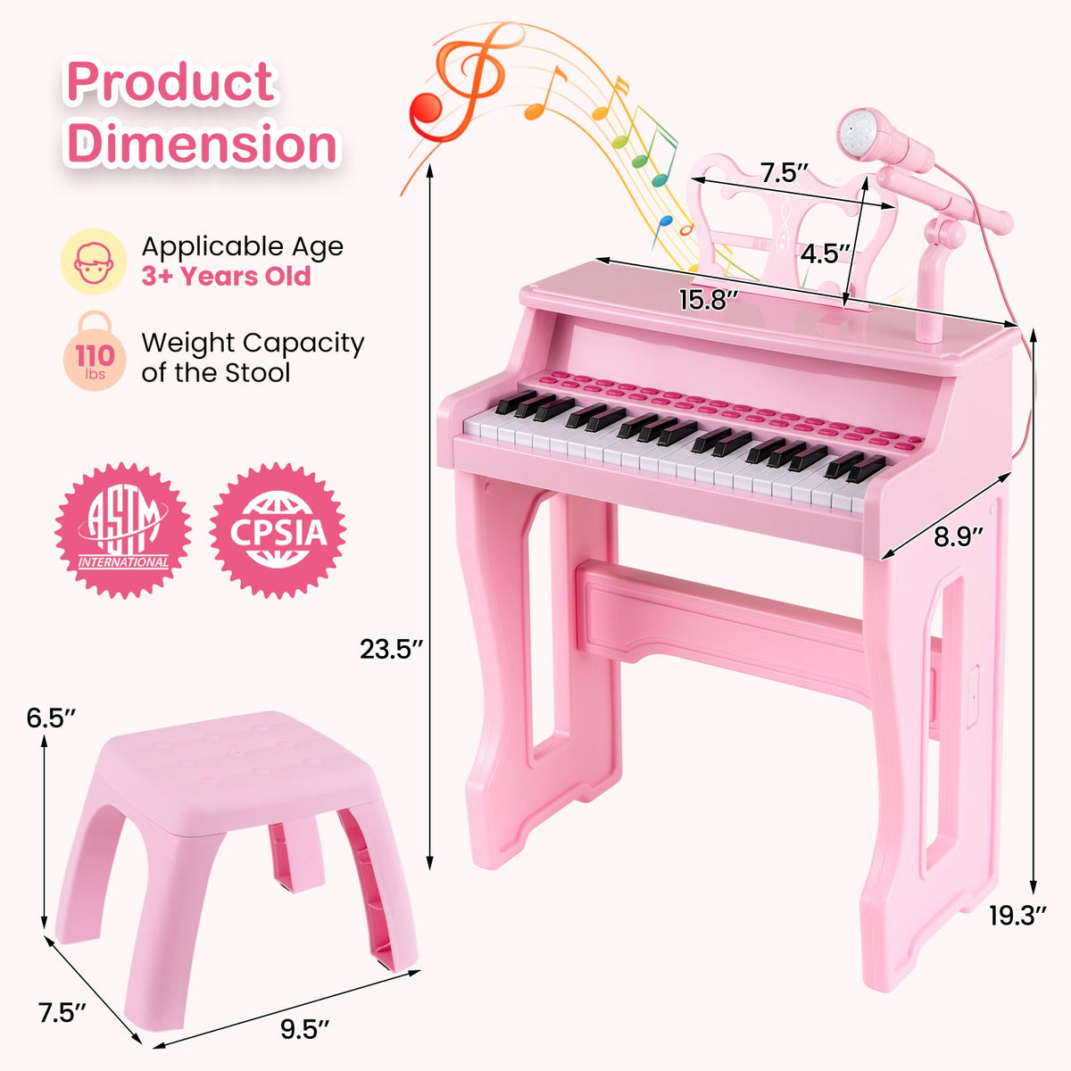 37 Keys Music Piano with Microphone Kids Piano Keyboard with Detachable Music Stand-Pink view 5