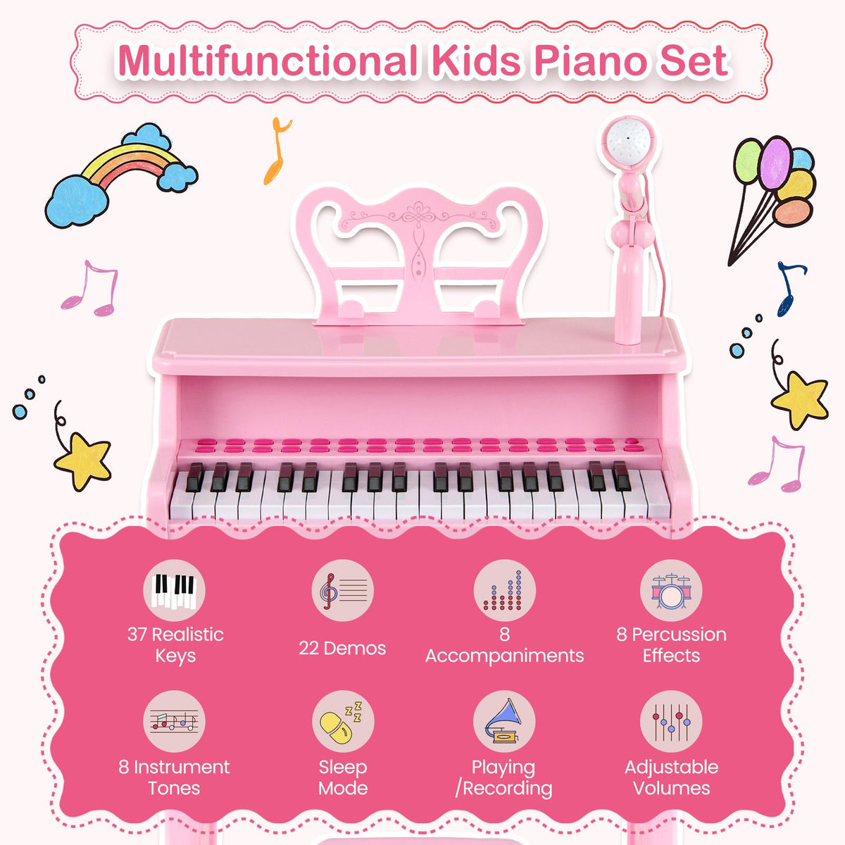 37 Keys Music Piano with Microphone Kids Piano Keyboard with Detachable Music Stand-Pink view 7