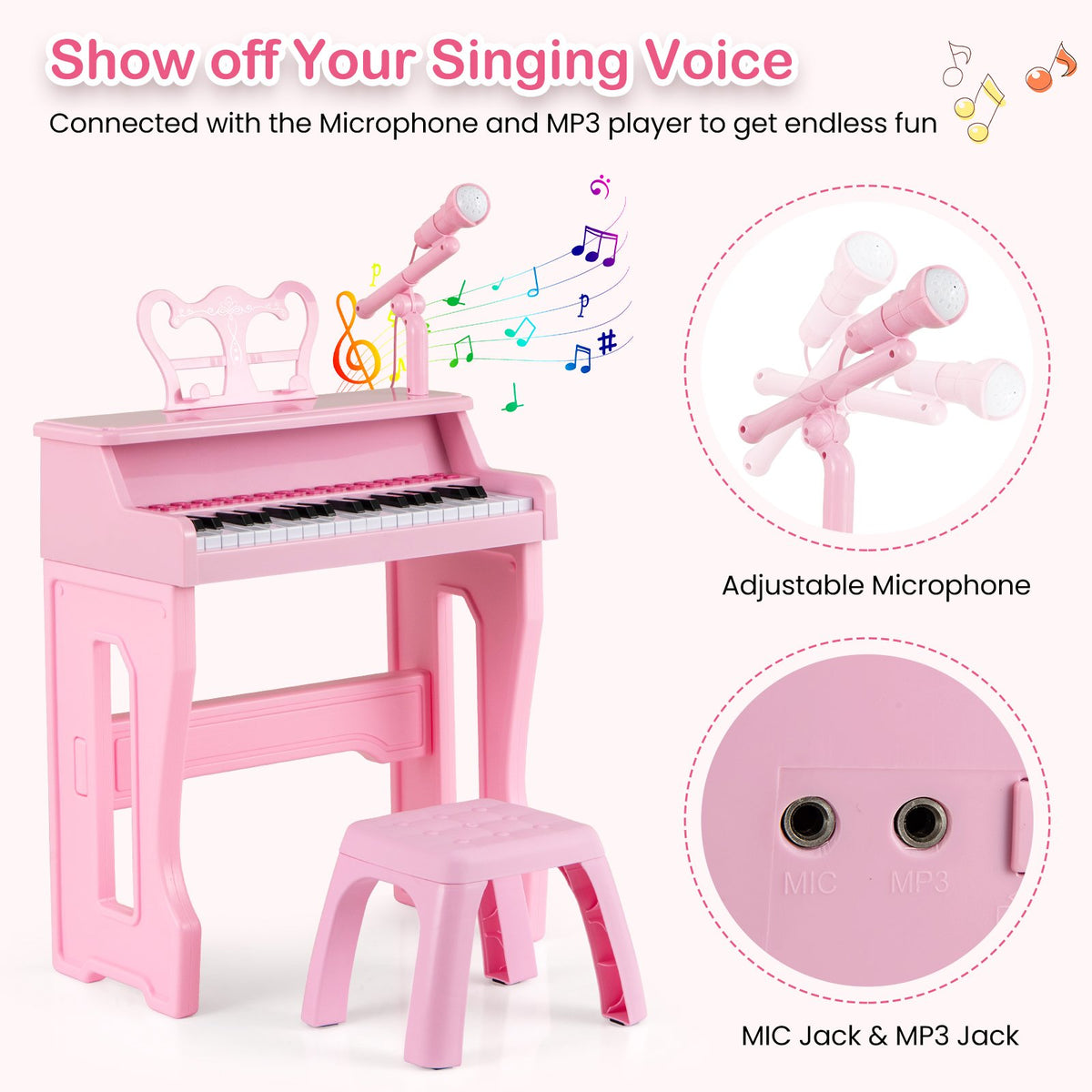 37 Keys Music Piano with Microphone Kids Piano Keyboard with Detachable Music Stand-Pink view 8