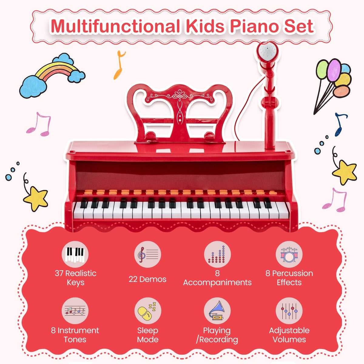 37 Keys Music Piano with Microphone Kids Piano Keyboard with Detachable Music Stand-Red view 6