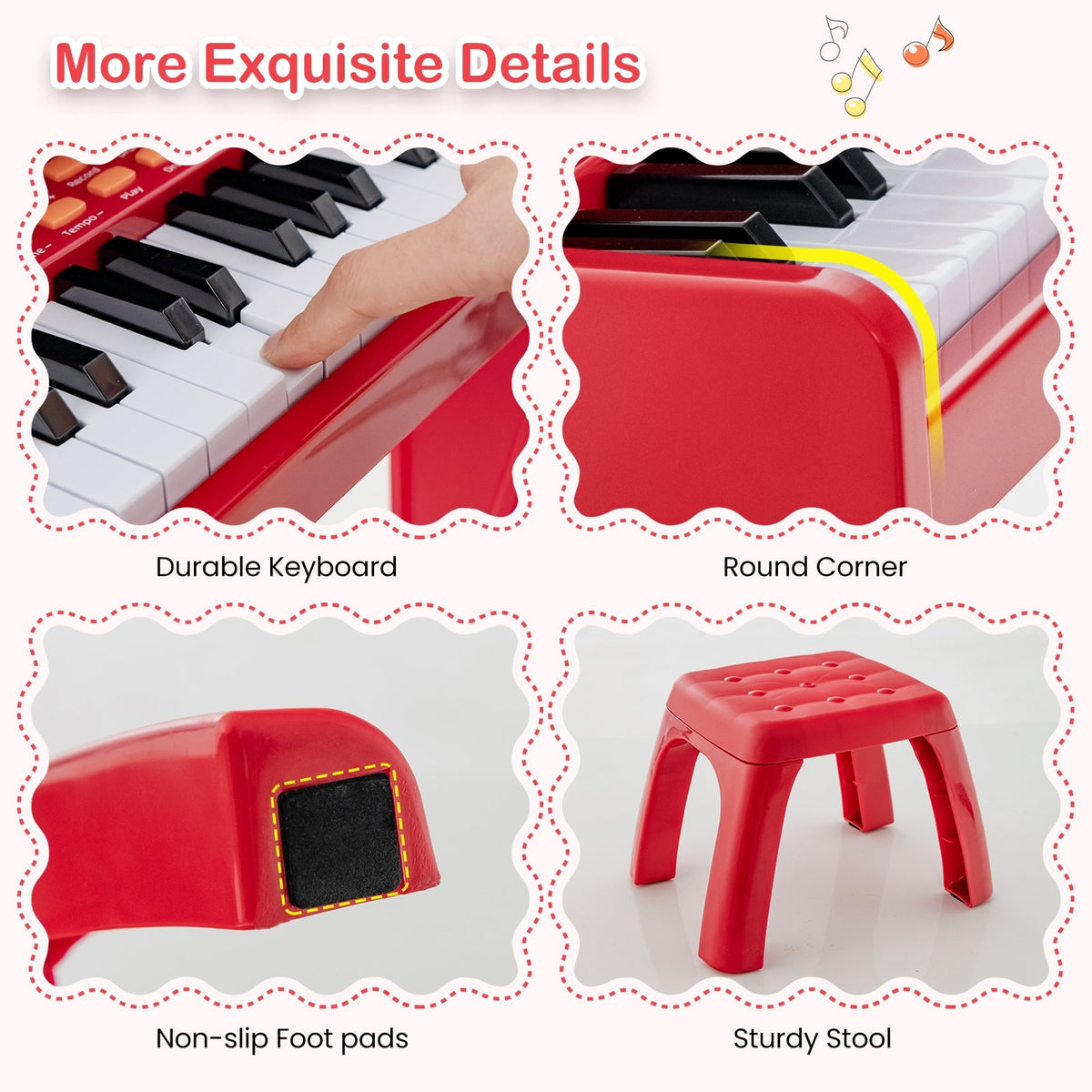 37 Keys Music Piano with Microphone Kids Piano Keyboard with Detachable Music Stand-Red view 9