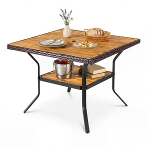 37 inches Square Outdoor Dining Table for 4 with Acacia Wood Tabletop and 2 inches Umbrella Hole-Brown