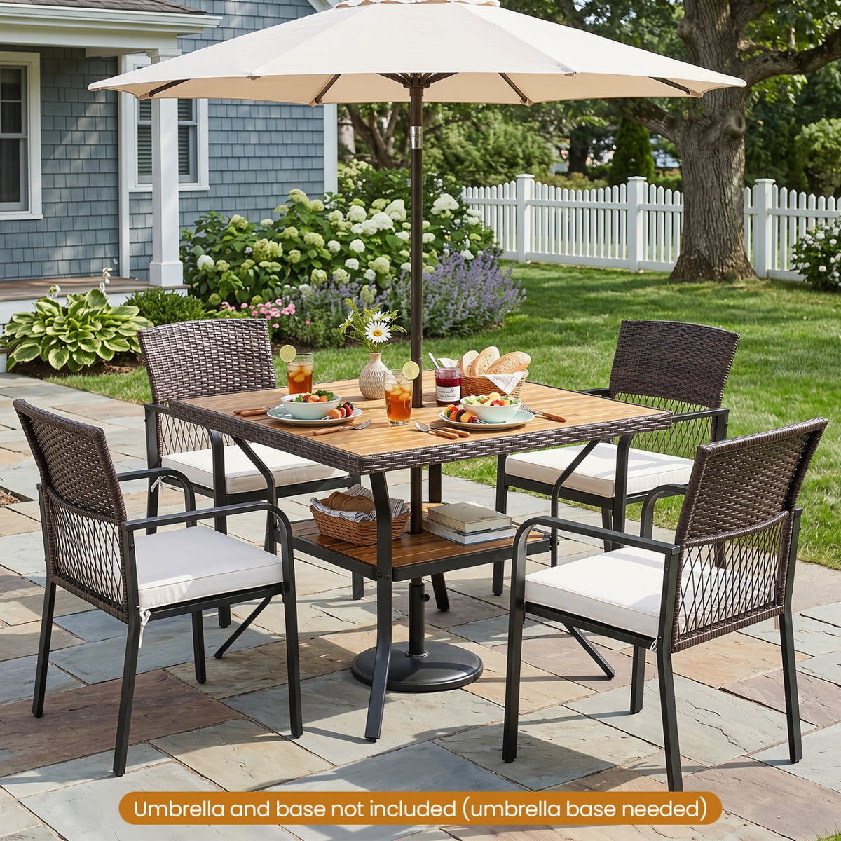 37 inches Square Outdoor Dining Table for 4 with Acacia Wood Tabletop and 2 inches Umbrella Hole-Brown view 3
