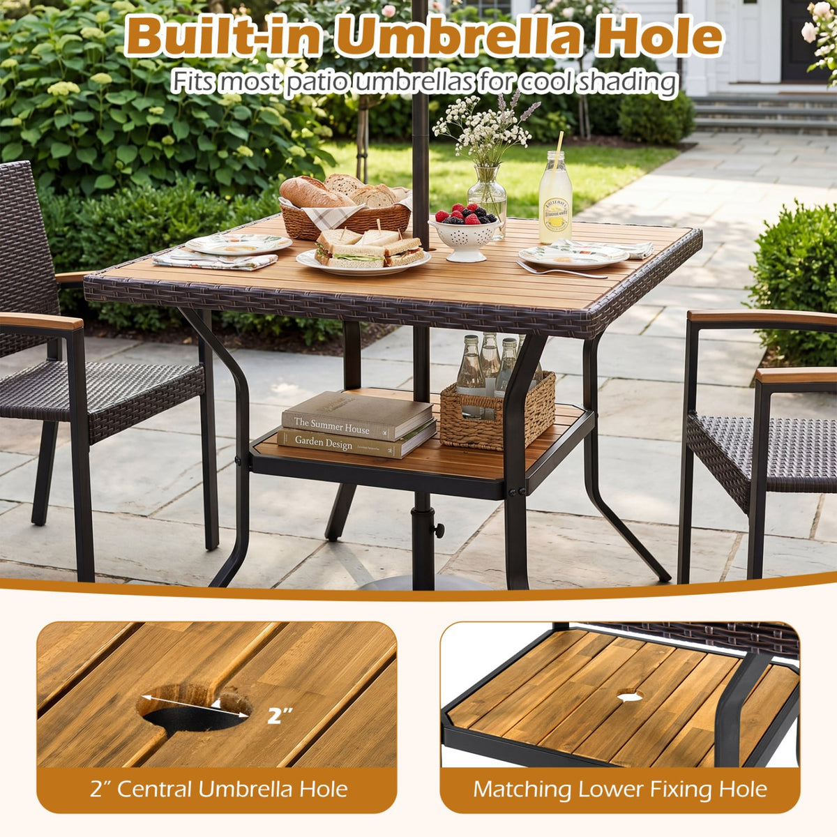 37 inches Square Outdoor Dining Table for 4 with Acacia Wood Tabletop and 2 inches Umbrella Hole-Brown view 8