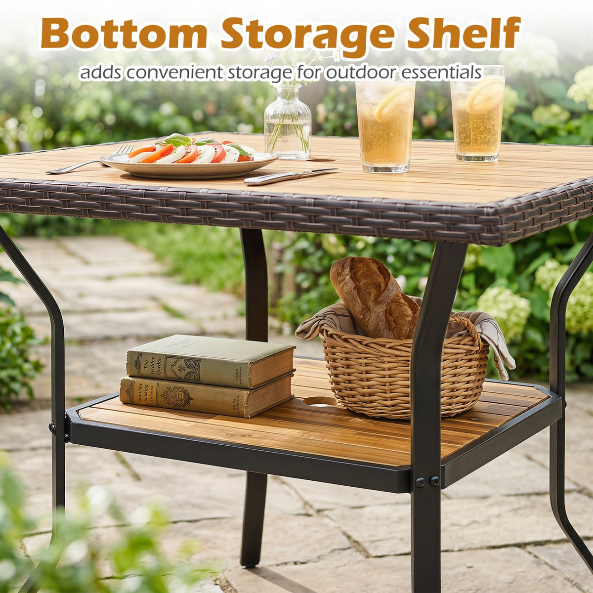 37 inches Square Outdoor Dining Table for 4 with Acacia Wood Tabletop and 2 inches Umbrella Hole-Brown view 9