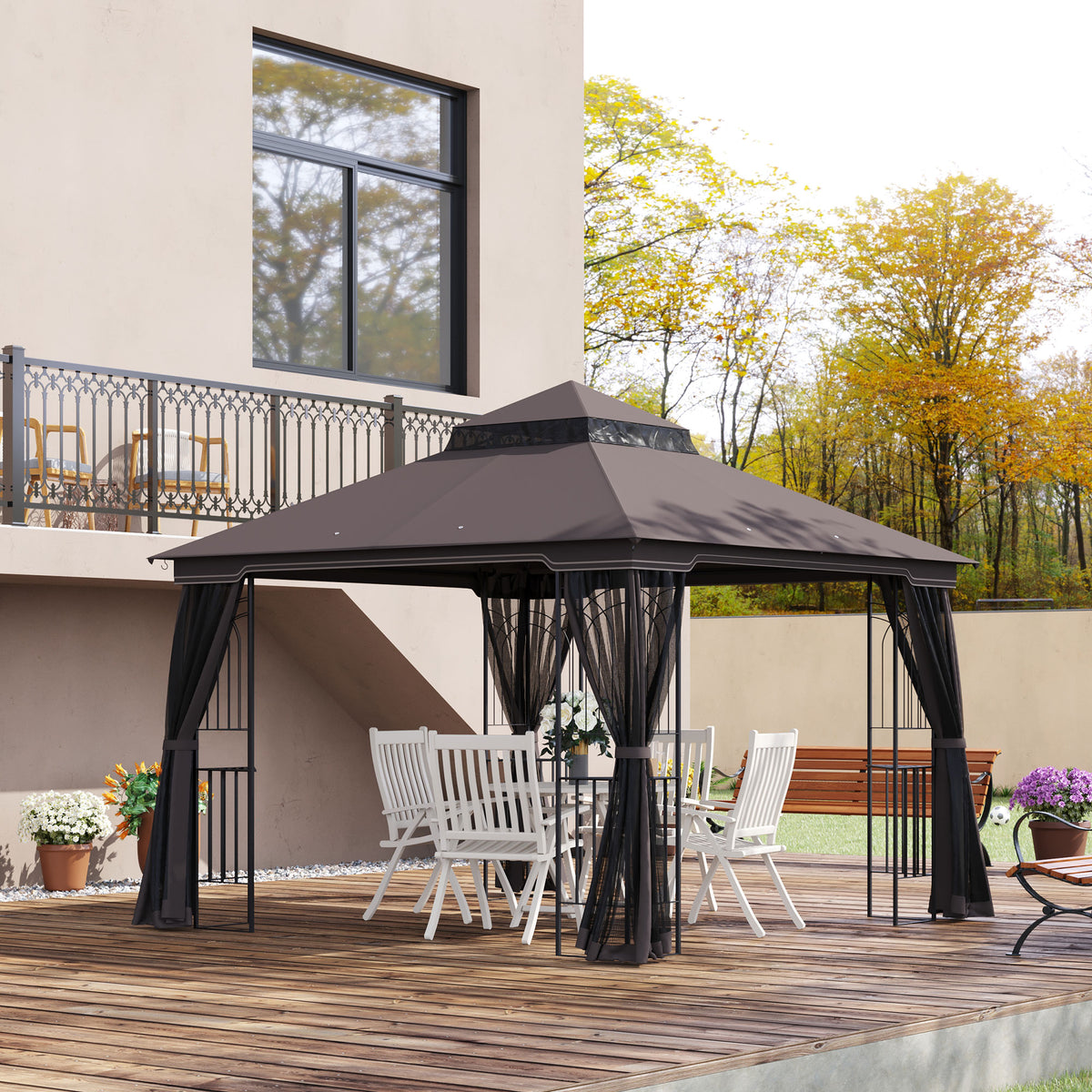 10'x10' Soft-top Patio Gazebo with Double Tier Roof, Mesh Curtains, Display Shelves, Top Hooks, Beige – view 14