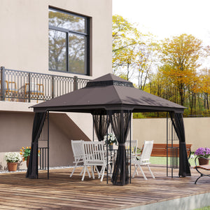 10'x10' Soft-top Patio Gazebo with Double Tier Roof, Mesh Curtains, Display Shelves, Top Hooks, Beige – view 14