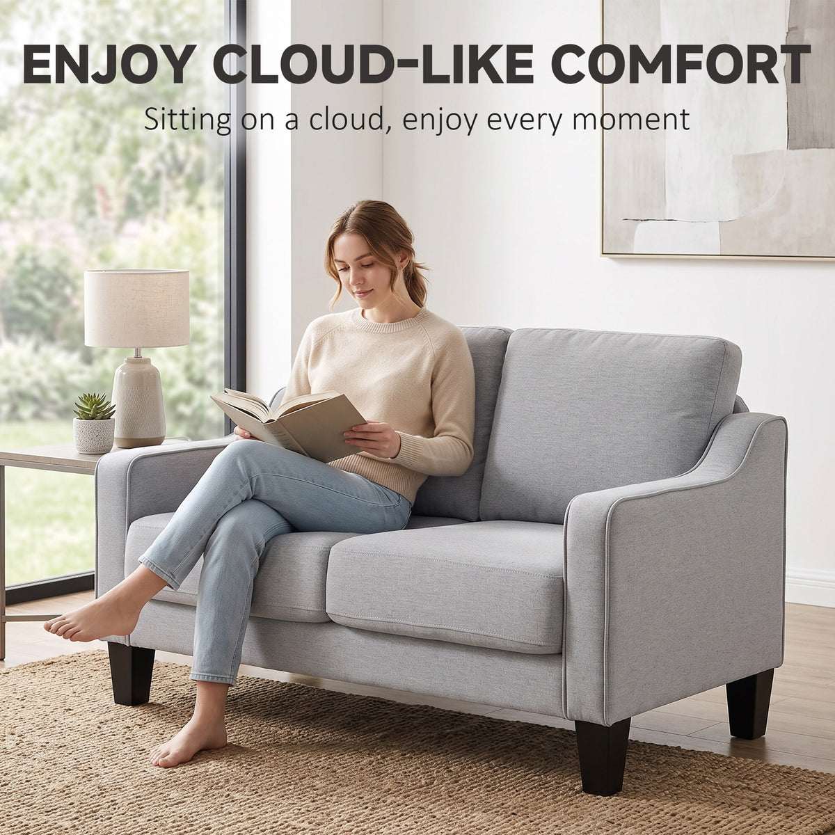 Loveseat Sofa, Modern Couch with Pocket Spring, Linen Upholstered, Thick Padded, Beige – view 17
