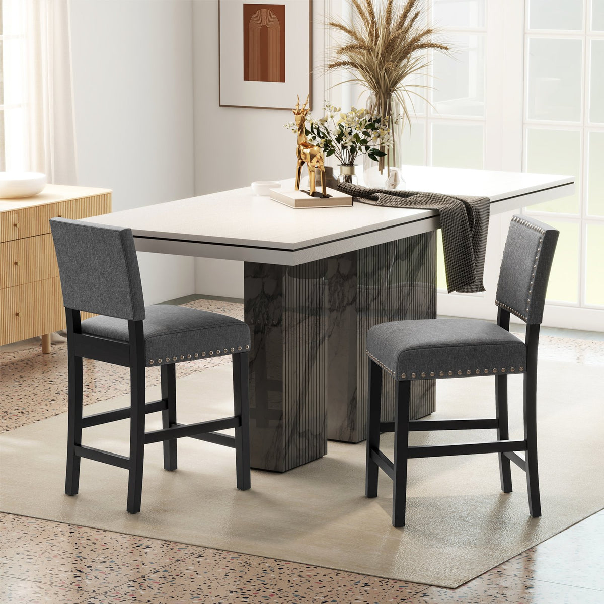 38.5/43.5 Inch Set of 2 Counter Height Chairs with Solid Rubber Wood Frame-S view 3