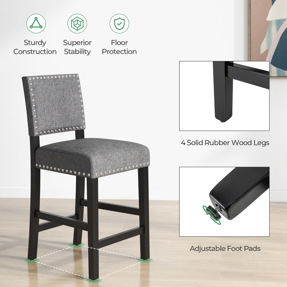 38.5/43.5 Inch Set of 2 Counter Height Chairs with Solid Rubber Wood Frame-S view 5