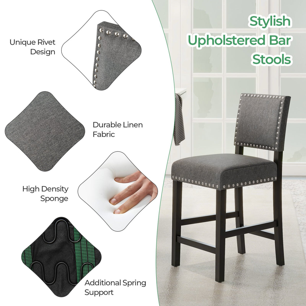 38.5/43.5 Inch Set of 2 Counter Height Chairs with Solid Rubber Wood Frame-S view 6