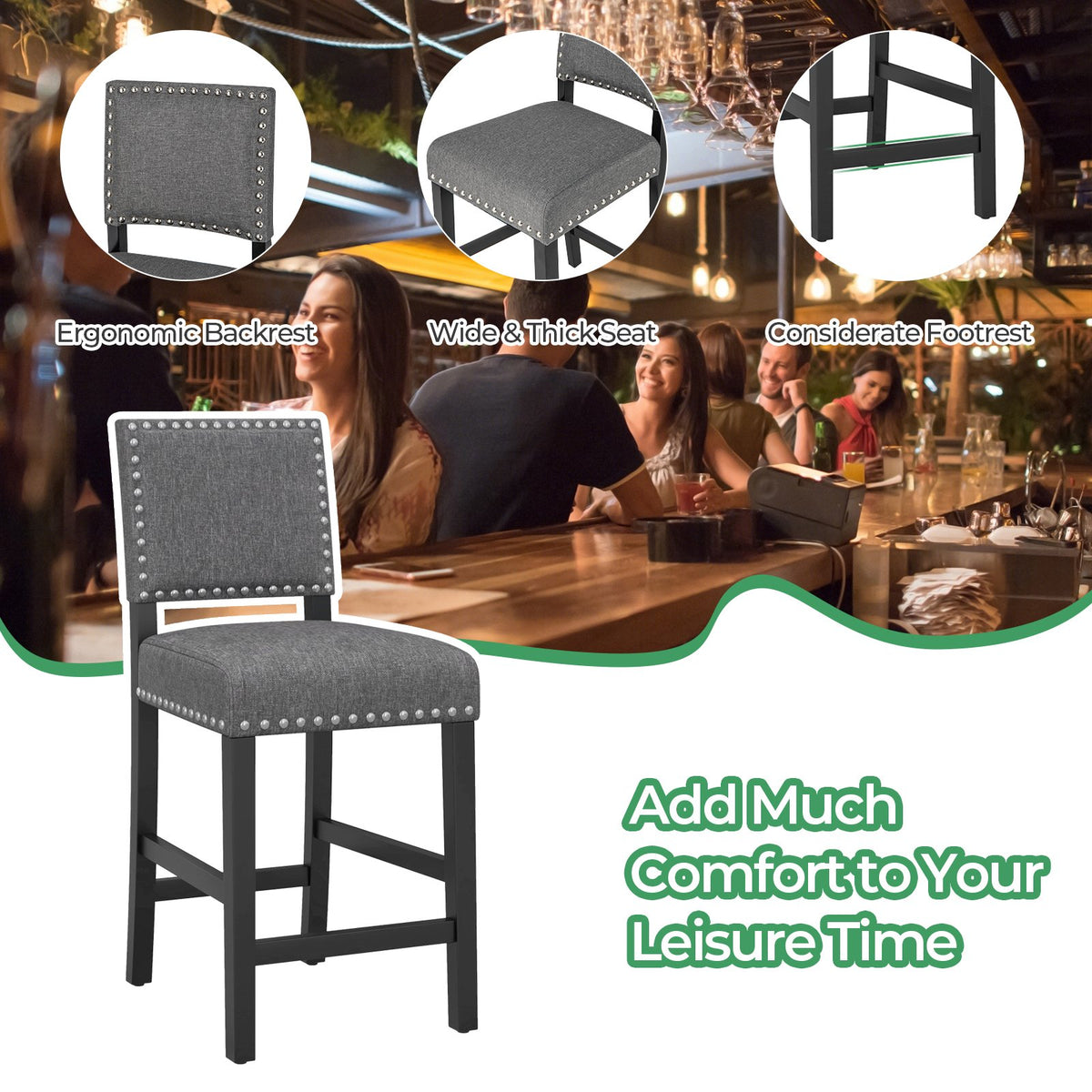 38.5/43.5 Inch Set of 2 Counter Height Chairs with Solid Rubber Wood Frame-S view 7
