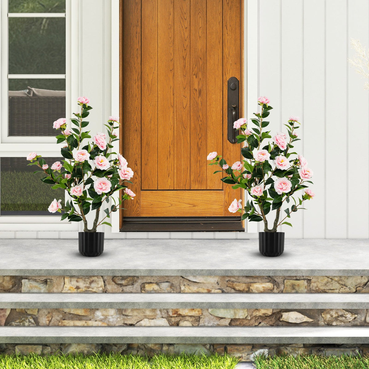 38 Inch Artificial Camellia Tree Faux Flower Plant in Cement Pot 2 Pack-Pink view 2