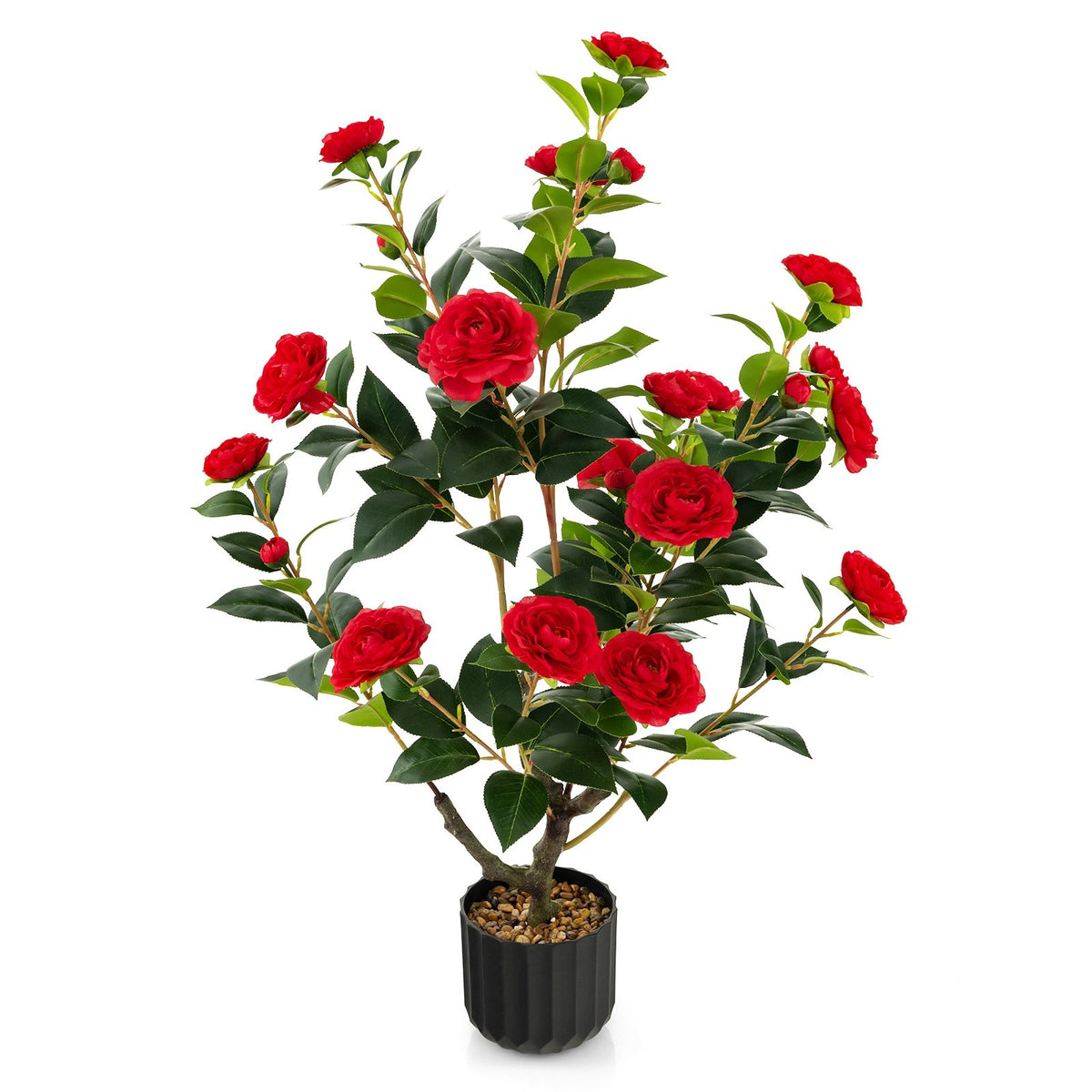 38 Inch Artificial Camellia Tree Faux Flower Plant in Cement Pot 2 Pack-Red view 4