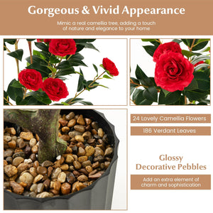 38 Inch Artificial Camellia Tree Faux Flower Plant in Cement Pot 2 Pack-Red view 8