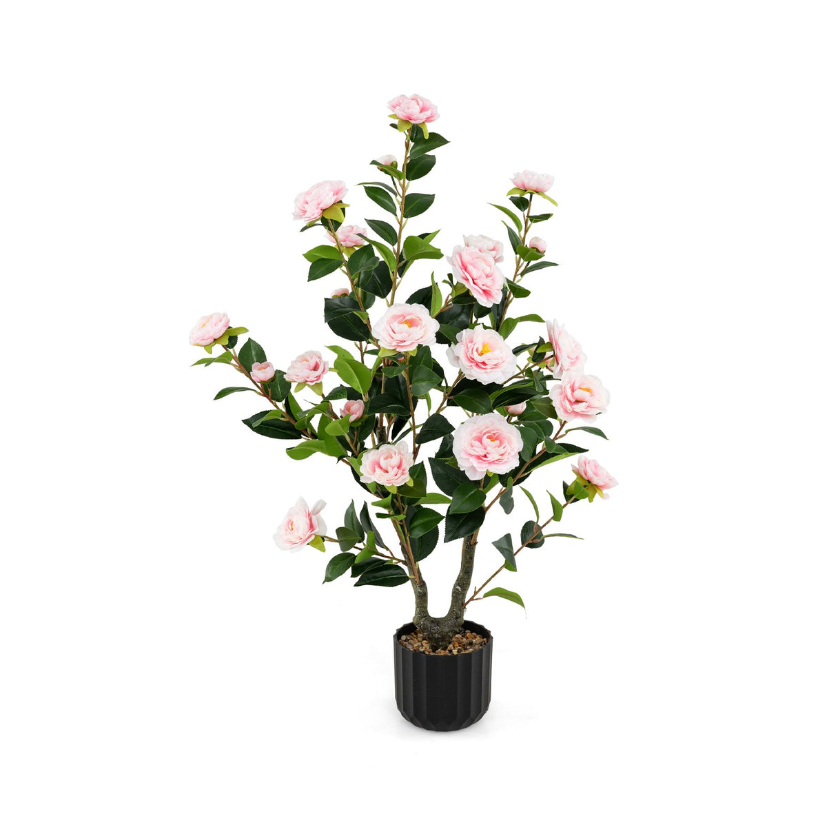 38 Inch Artificial Camellia Tree Faux Flower Plant in Cement Pot-Pink