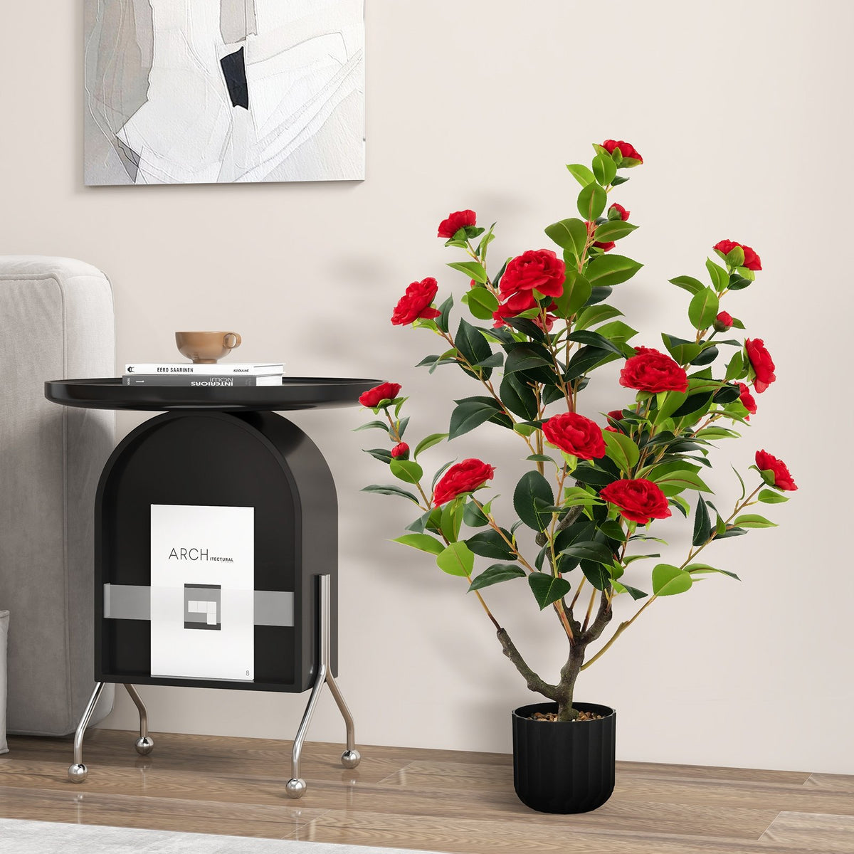 38 Inch Artificial Camellia Tree Faux Flower Plant in Cement Pot-Red view 2