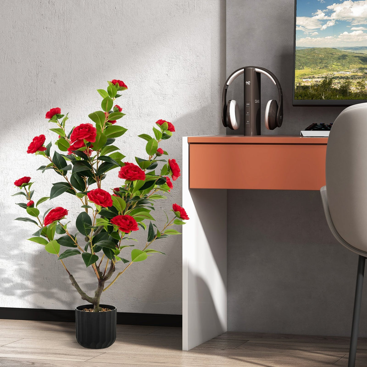 38 Inch Artificial Camellia Tree Faux Flower Plant in Cement Pot-Red view 5