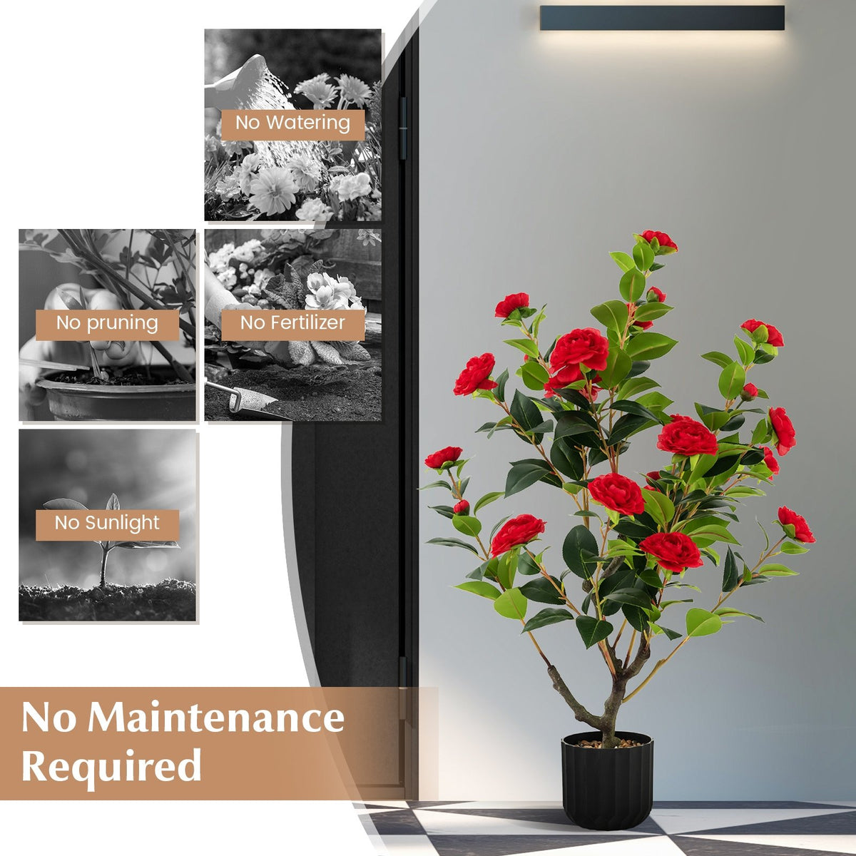 38 Inch Artificial Camellia Tree Faux Flower Plant in Cement Pot-Red view 8