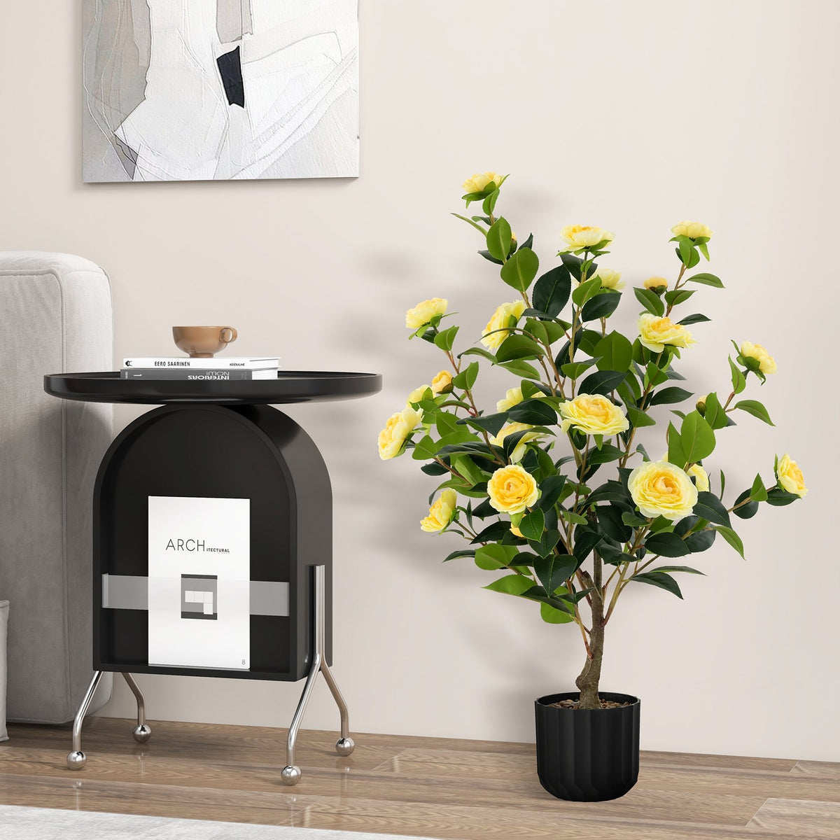 38 Inch Artificial Camellia Tree Faux Flower Plant in Cement Pot-Yellow view 2