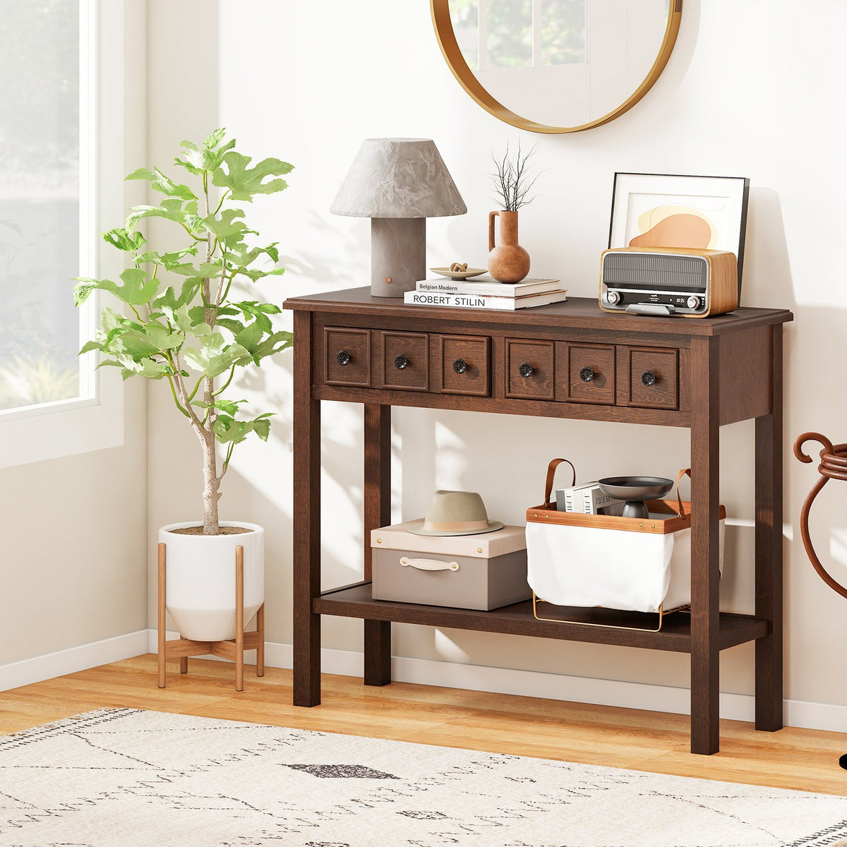 38 Inch Rustic Console Table with 2 Drawers and Bottom Open Shelf-Espresso view 2