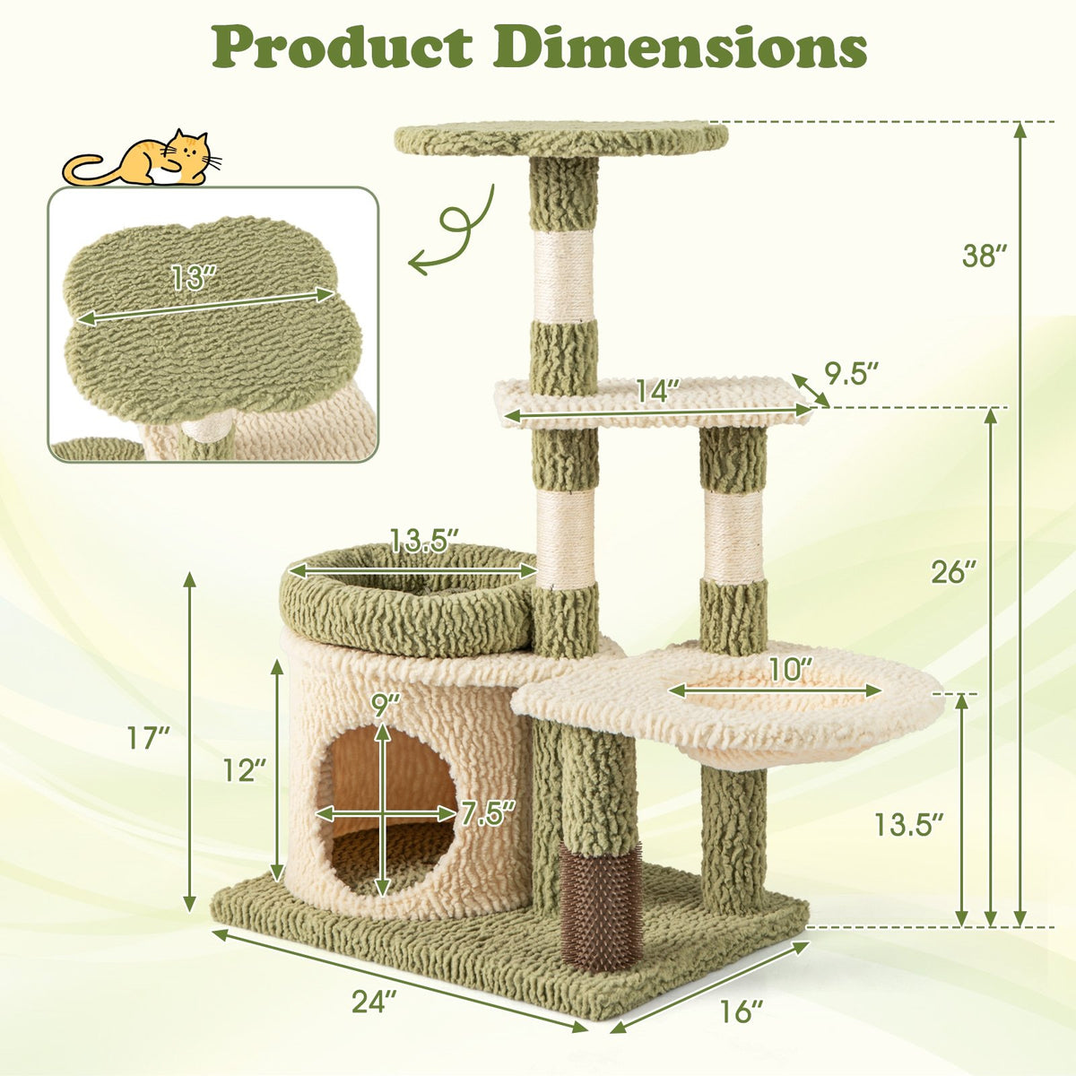 38 Inch Tall Multi-Level Aesthetic Kitten Tower with Condo and Bed-Green view 5