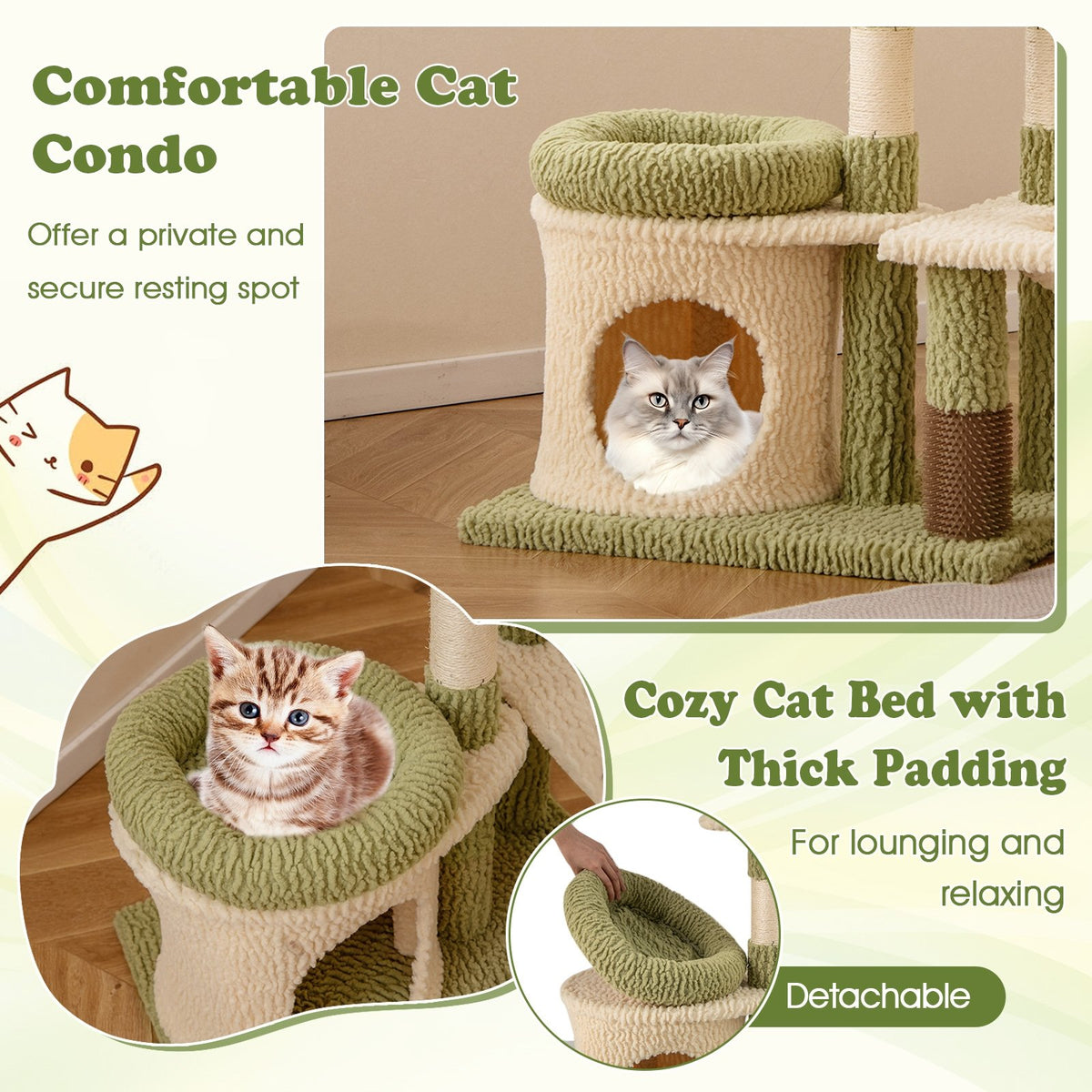 38 Inch Tall Multi-Level Aesthetic Kitten Tower with Condo and Bed-Green view 6