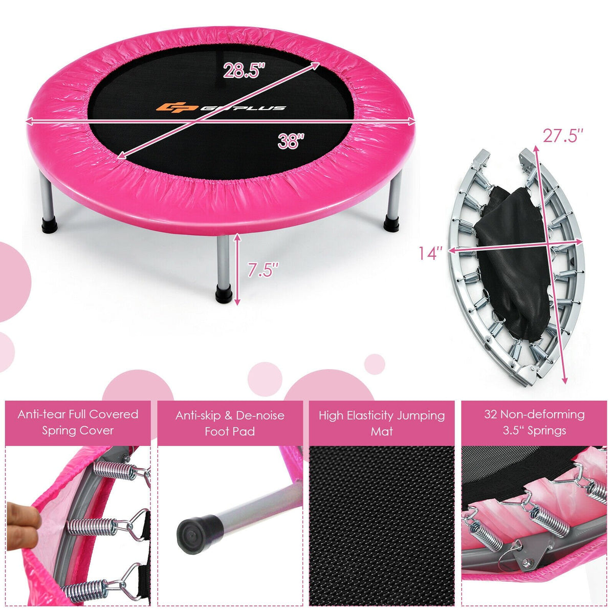 38 Inch Mini Folding Trampoline Portable Leisure Fitness Backboard-Pink view 5