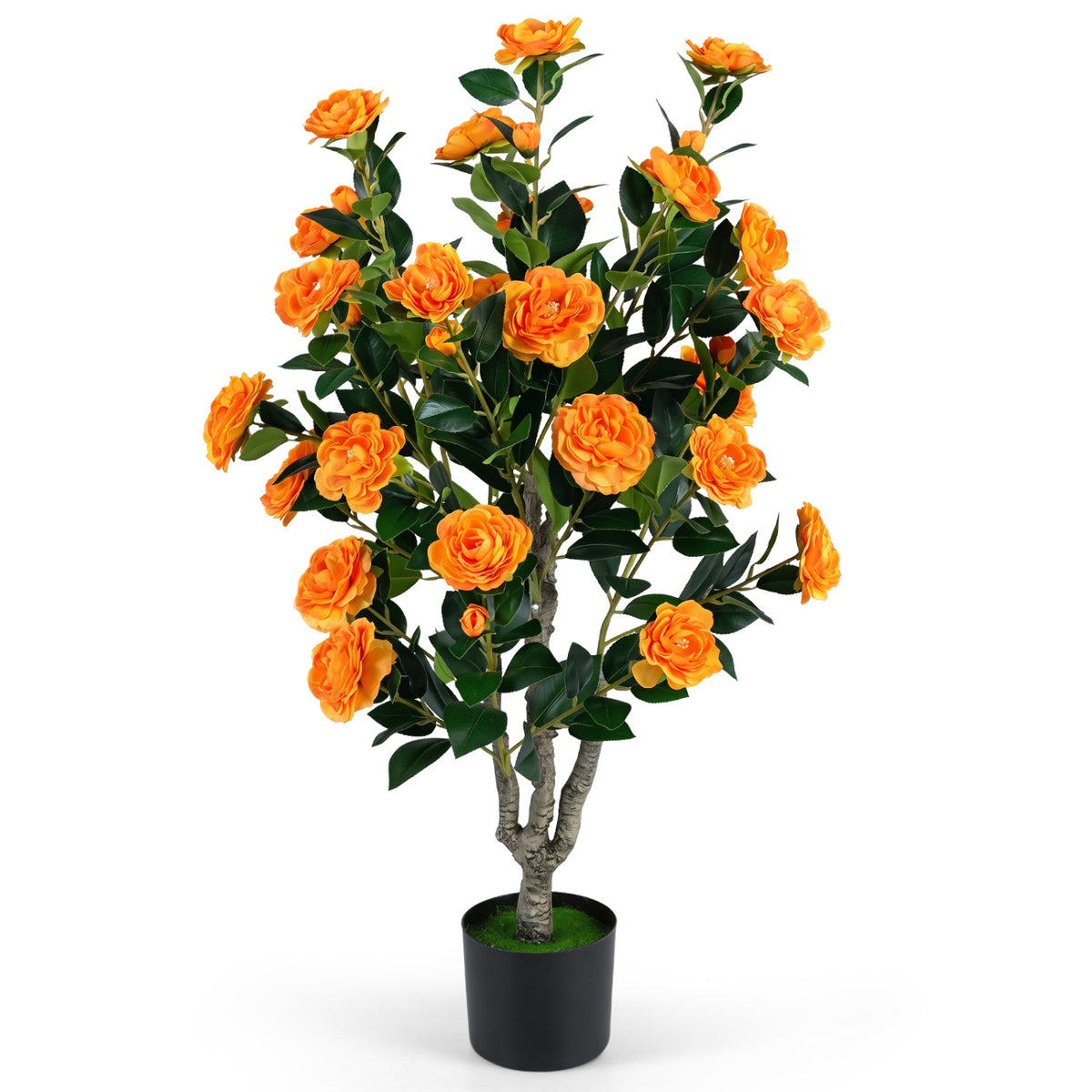 39.5 inches Artificial Camellia Tree with Orange Blossoms in Cement Pot for Home Decoration-Orange