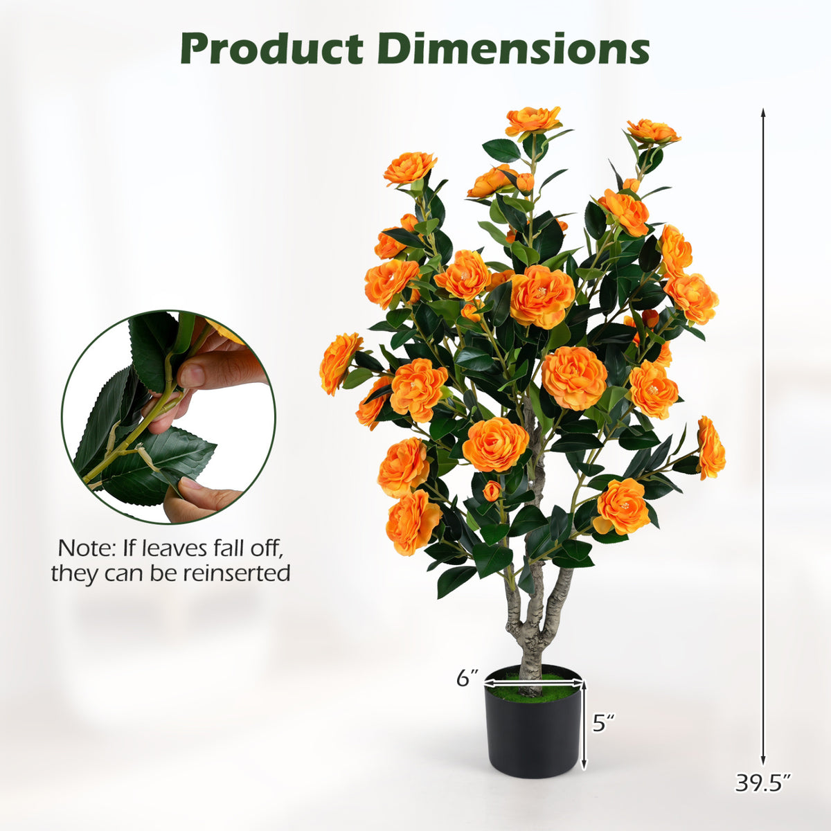39.5 inches Artificial Camellia Tree with Orange Blossoms in Cement Pot for Home Decoration-Orange view 2