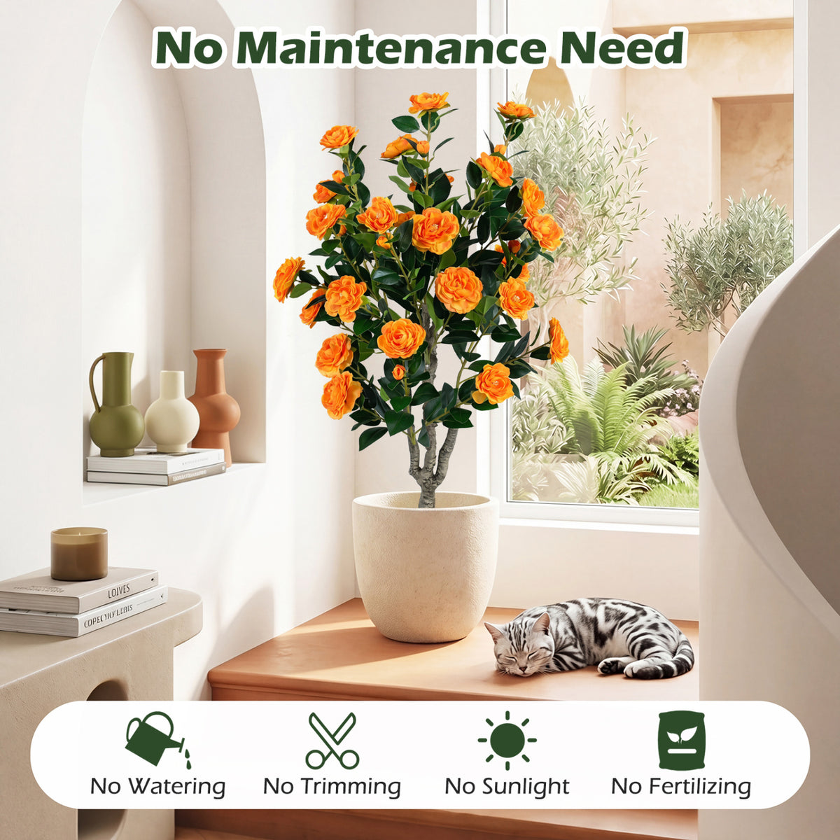 39.5 inches Artificial Camellia Tree with Orange Blossoms in Cement Pot for Home Decoration-Orange view 4