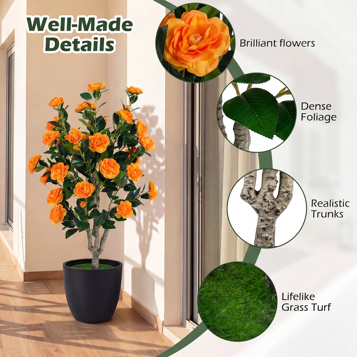 39.5 inches Artificial Camellia Tree with Orange Blossoms in Cement Pot for Home Decoration-Orange view 5