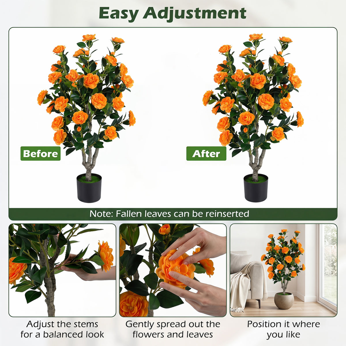 39.5 inches Artificial Camellia Tree with Orange Blossoms in Cement Pot for Home Decoration-Orange view 7