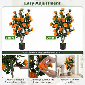 39.5 inches Artificial Camellia Tree with Orange Blossoms in Cement Pot for Home Decoration-Orange view 7