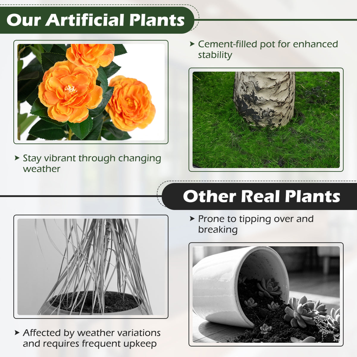 39.5 inches Artificial Camellia Tree with Orange Blossoms in Cement Pot for Home Decoration-Orange view 8