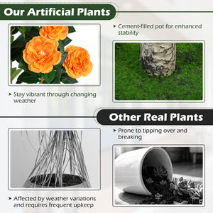 39.5 inches Artificial Camellia Tree with Orange Blossoms in Cement Pot for Home Decoration-Orange view 8