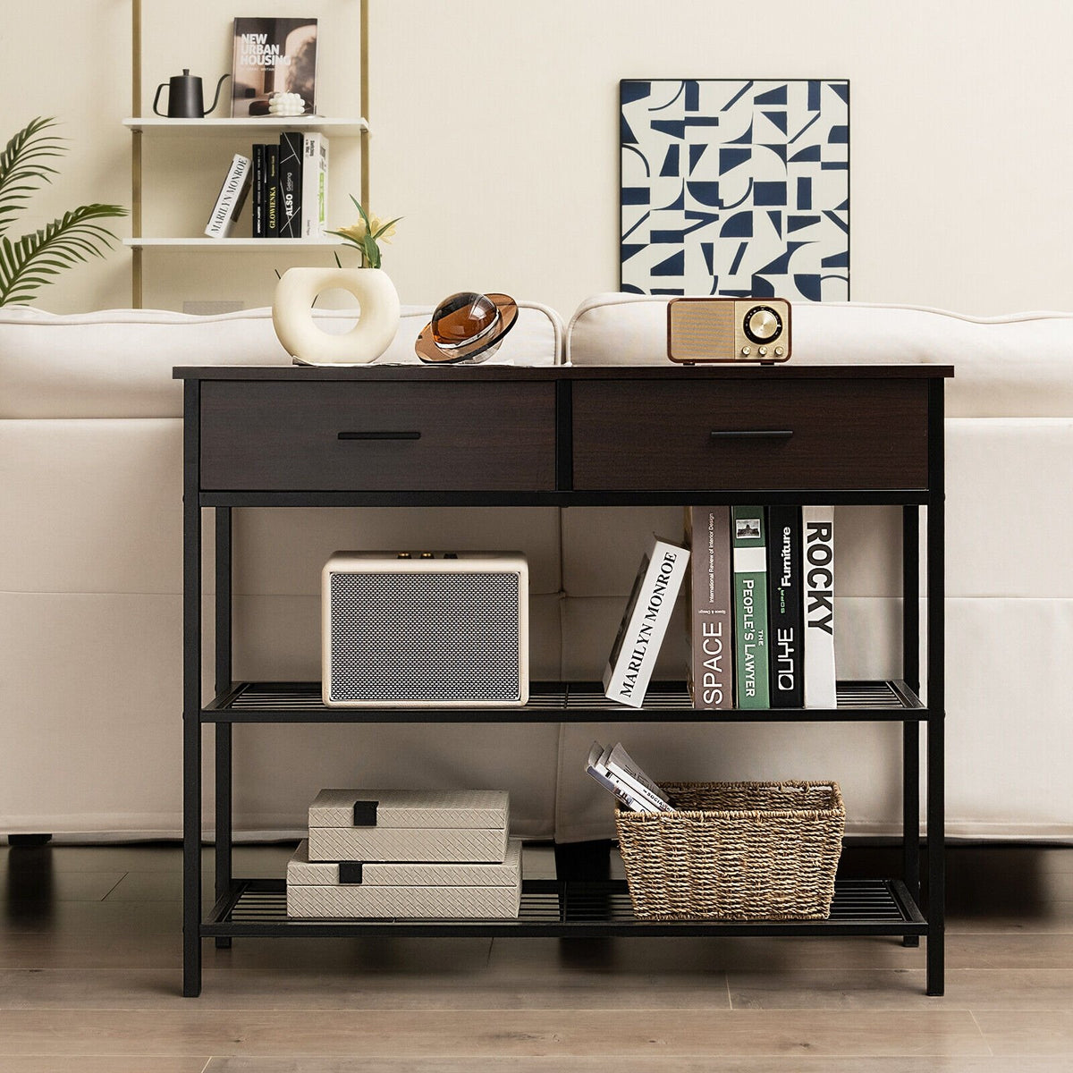 39.5 Inch Entryway Table with 2 Drawers and 2-Tier Shelves-Dark Brown view 2