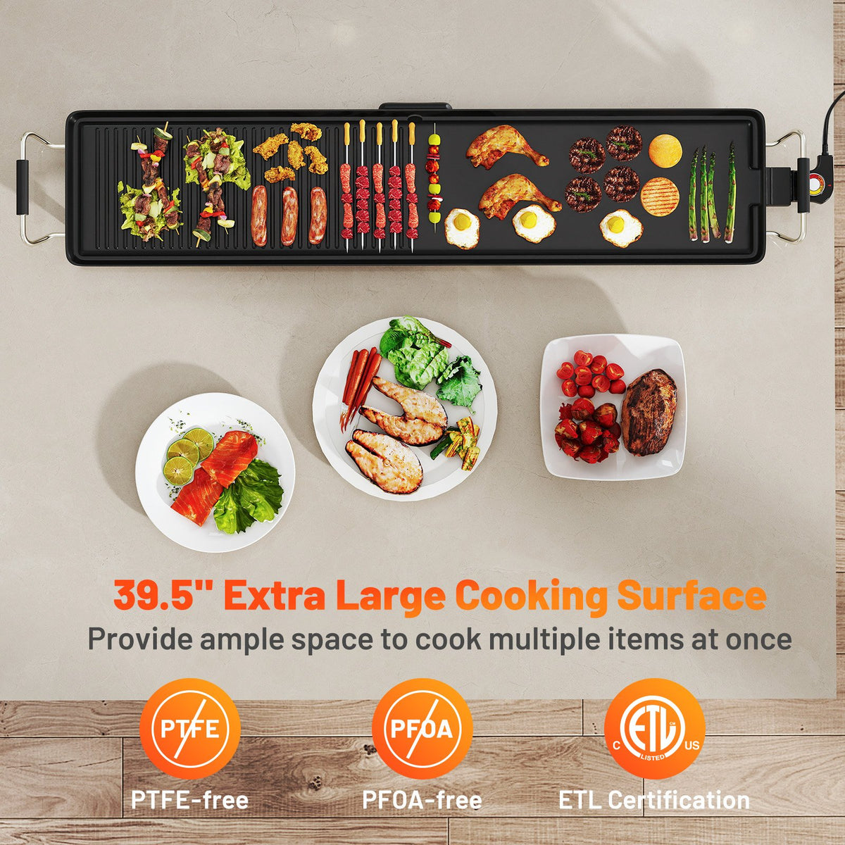 39.5 Inch Extra Large Electric Griddle with 2 Cooking Surface and Adjustable Temperatures view 4