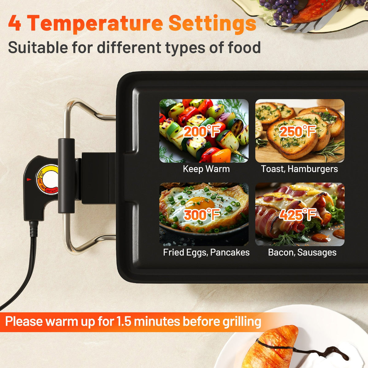 39.5 Inch Extra Large Electric Griddle with 2 Cooking Surface and Adjustable Temperatures view 6