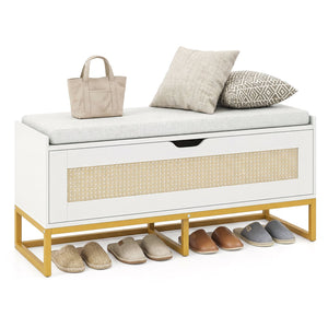 39.5 inches Rattan Storage Chest Wicker Shoe Bench with Padded Seat Flip-Top-White