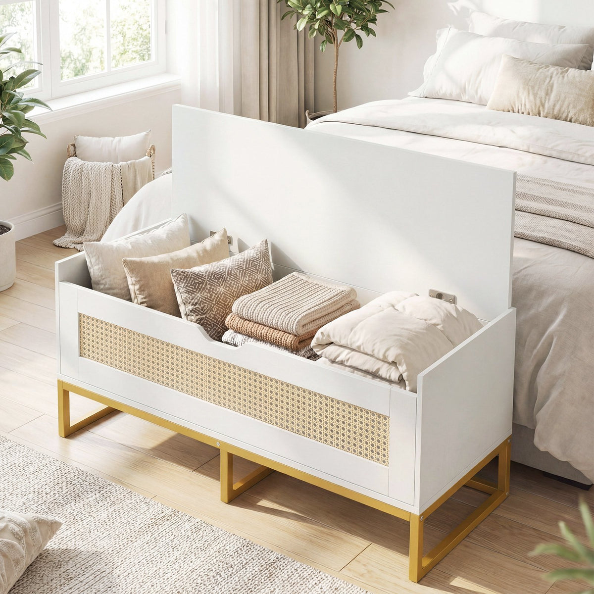 39.5 inches Rattan Storage Chest Wicker Shoe Bench with Padded Seat Flip-Top-White view 3