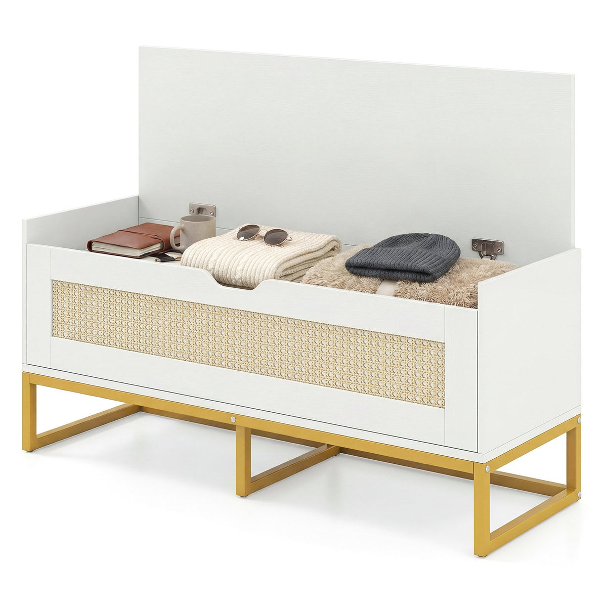 39.5 inches Rattan Storage Chest Wicker Shoe Bench with Padded Seat Flip-Top-White view 4