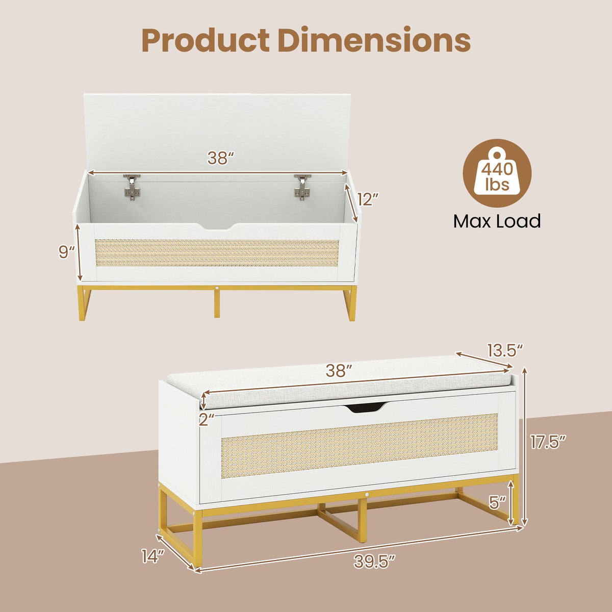 39.5 inches Rattan Storage Chest Wicker Shoe Bench with Padded Seat Flip-Top-White view 5
