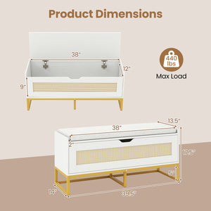 39.5 inches Rattan Storage Chest Wicker Shoe Bench with Padded Seat Flip-Top-White view 5