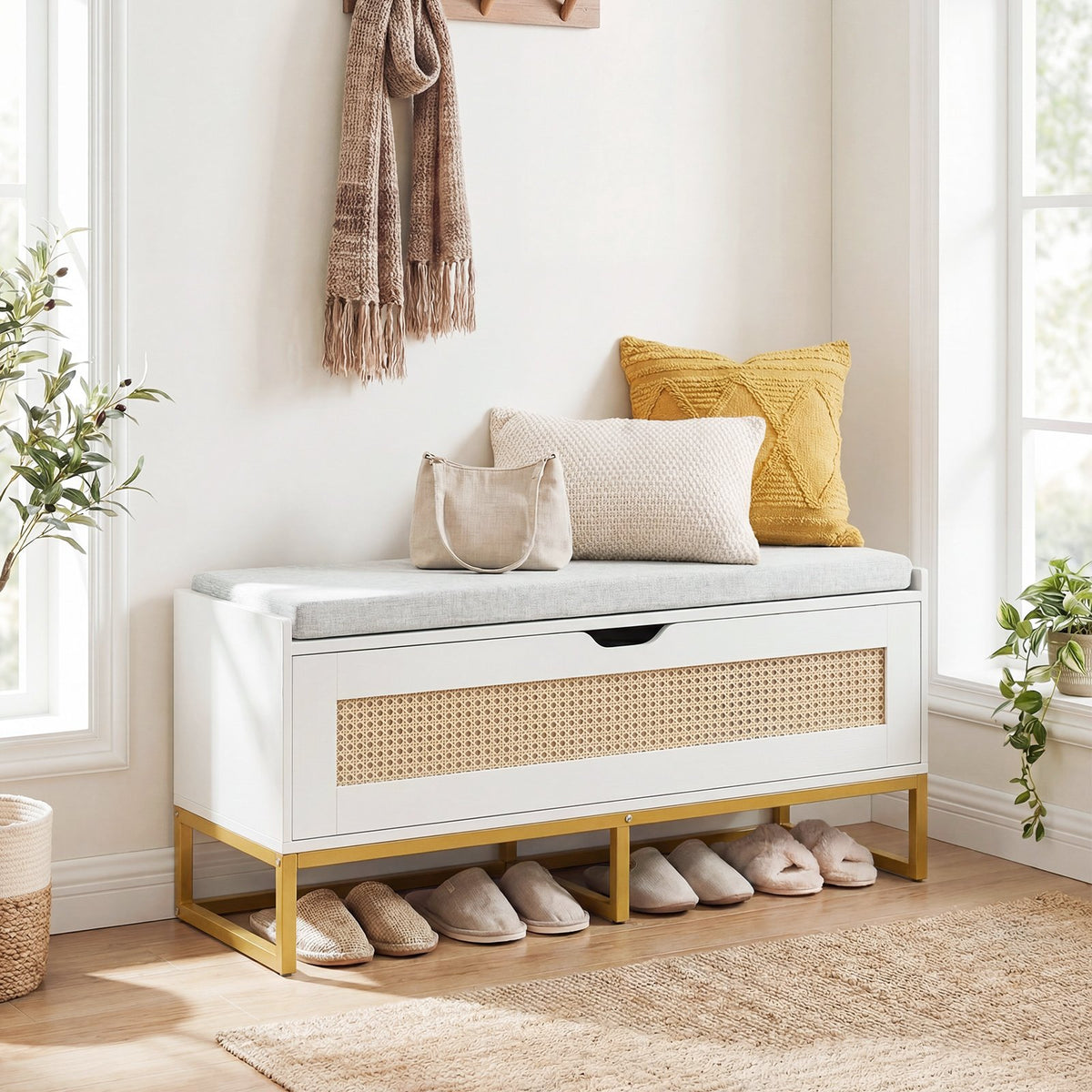 39.5 inches Rattan Storage Chest Wicker Shoe Bench with Padded Seat Flip-Top-White view 6