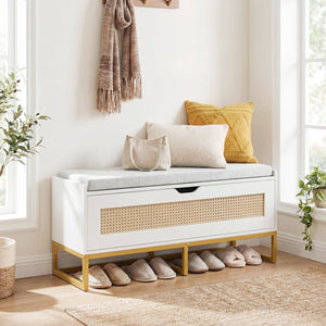 39.5 inches Rattan Storage Chest Wicker Shoe Bench with Padded Seat Flip-Top-White view 6