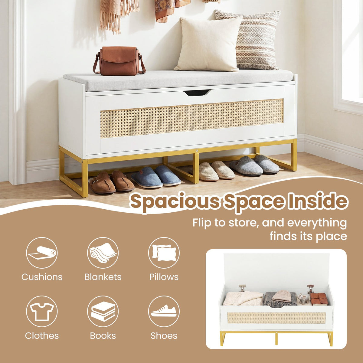 39.5 inches Rattan Storage Chest Wicker Shoe Bench with Padded Seat Flip-Top-White view 7